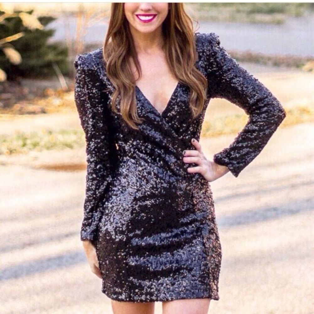 Express Blue Sequin Long Sleeve Dress